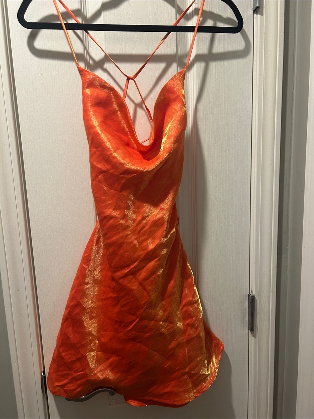 Orange Satin Cowl Neck Mini Dress with Delicate Straps